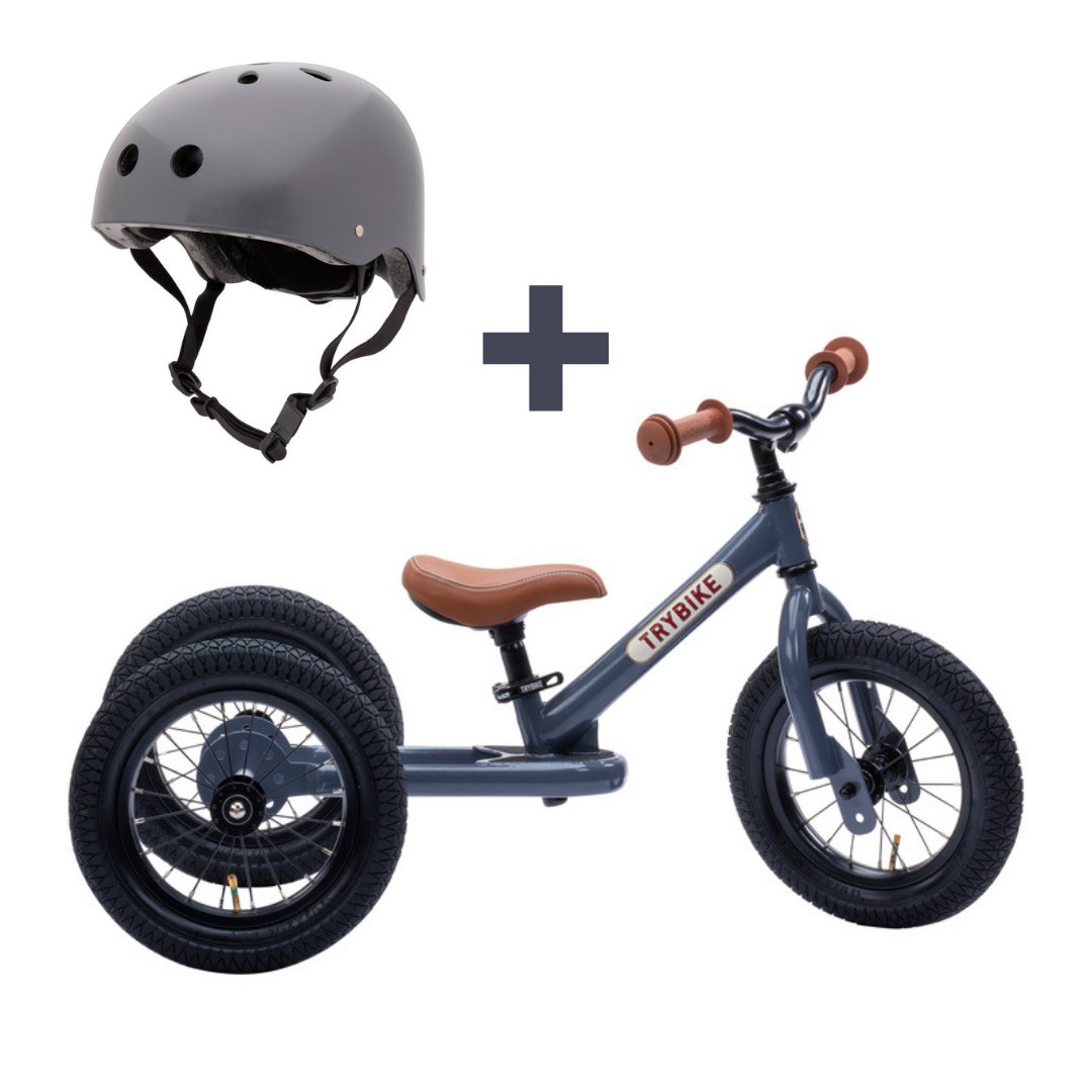balance bike and helmet Grey Vintage Trybike & Helmet Combo – Trybike + CoConuts