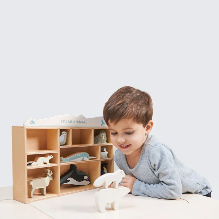 Wooden Polar Animals Display Shelf Set - Tender Leaf Toys | Wooden Toy NZ