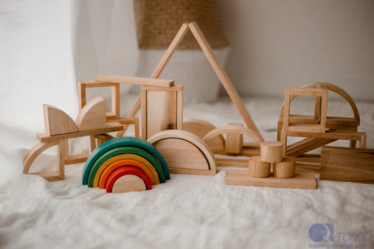 Hollow Wooden Blocks and Rainbow 40 pc Set - QToys | Wooden Toy NZ