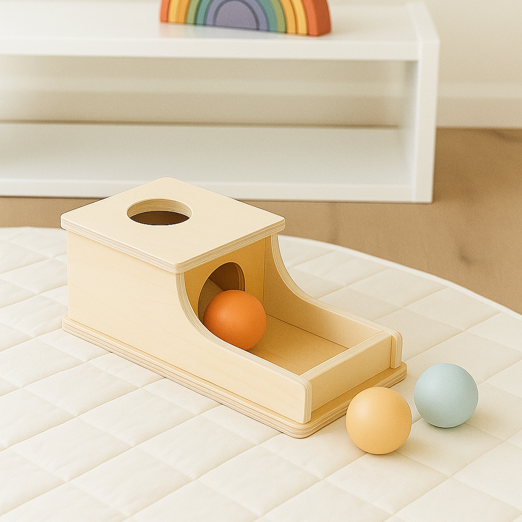 Montessori Object permanence box toy for babies, in Montessori play area.