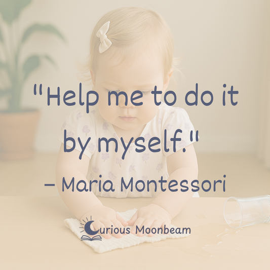 Young child doing a puzzle, overlaid with a quote from Maria Montessori: "Help me to do it by myself"