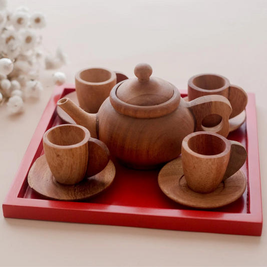 QToys Japanese wooden tea set with teapot and cups on a red tray, white background