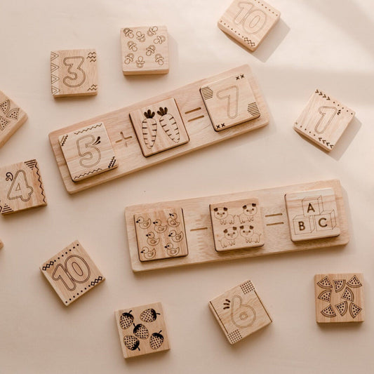 Wooden Two Piece Math Frame by QToys. Wooden toy to teach numeracy, addition and subtraction to toddlers and preschoolers. 