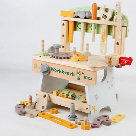 Pretend-Play Wooden Workbench Toy | Compact Kids Tool Set