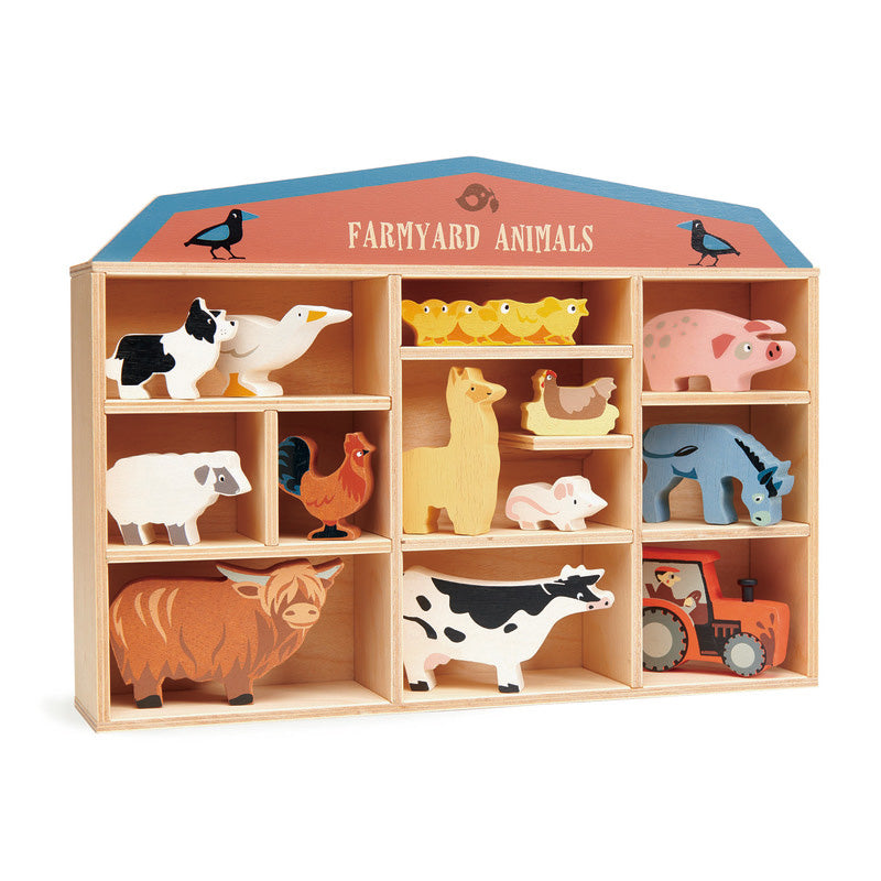 Wooden toy set with farmyard animals in a display case